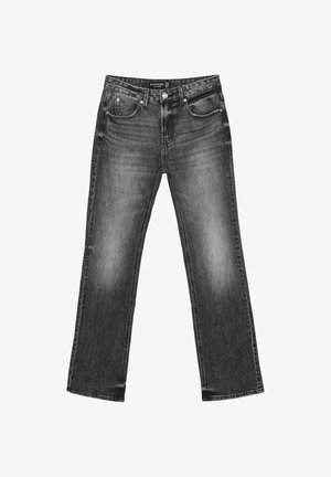 Jeans en denim noir avec une coupe droite, texture délavée et cinq poches. Dotés de passants de ceinture et d'une fermeture à glissière.