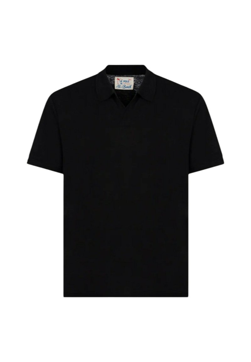 Polo shirt nera in cotone, con colletto classico, maniche corte e vestibilità rilassata. Etichetta visibile all'interno del colletto.