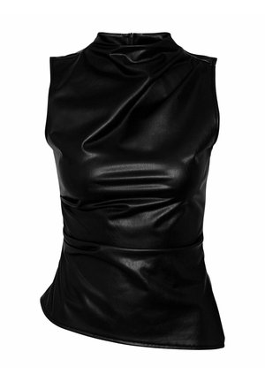 Zwart mouwloos topje van nepleer met een hoge hals, voorzien van gedrapeerde details en een asymmetrische zoom voor een getailleerde silhouet.