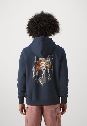Navy hoodie with a graphic design on the back featuring colorful human figures. Soft, textured fabric, with a drawstring hood and ribbed cuffs.