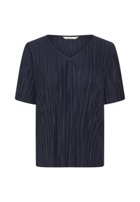 Mørkeblå V-hals-top med korte ærmer, prydet med et struktureret, plisseret design. Lige snit og blødt stof med en subtil glans.