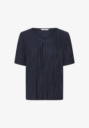 Sötétkék V-nyakú felső rövid ujjakkal, texturált, plisszírozott kialakítással. Egyenes fazon, puha anyag, finom fényű.