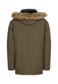 Giacca invernale verde oliva con maniche lunghe e cappuccio rifinito in finta pelliccia marrone chiaro, vista da dietro.