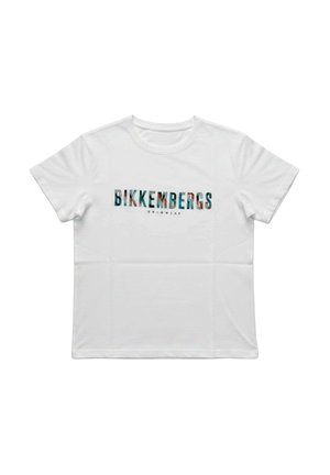 T-shirt bianca a maniche corte con scollo rotondo e logo BIKKENBERGS Swimwear in lettere multicolore sul petto.