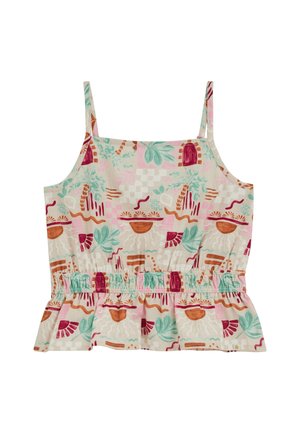 Top court sans manches avec taille élastique, présentant des motifs abstraits botaniques et géométriques aux tons rose, vert, rouille et beige.