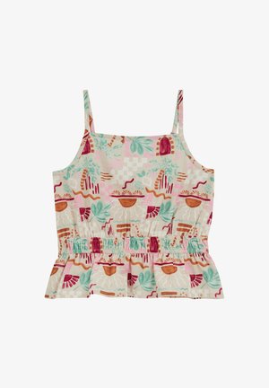 Ärmelloses Crop-Top mit elastischem Bund, mit abstrakten botanischen und geometrischen Mustern in Pink-, Grün-, Rost- und Beigetönen.