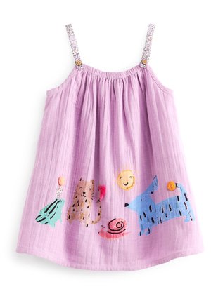 Vestido sin mangas de color púrpura claro con escote fruncido, decorado con coloridos animales bordados y un sol, con tirantes de diseño.