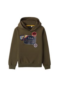 Felpa verde oliva con un design frontale che presenta molteplici toppe, tra cui "DEPARTIMENTO SNOWBOARD U.S.A." e diversi distintivi di varie forme.