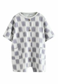Otroški kombinezon s kratkimi rokavi in žepi, z rumeno-sivim karo vzorcem in zapiranjem na gumbe spredaj.