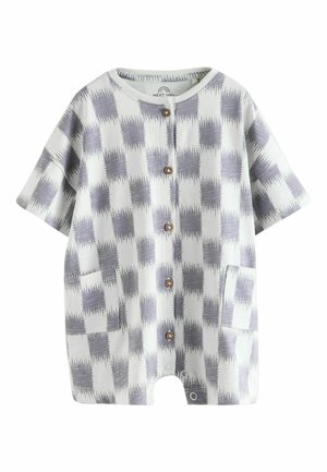 Rampersy niemowlęce z krótkimi rękawkami i kieszeniami, z szaro-białym wzorem w kratę oraz zapięciami na guziki z przodu.