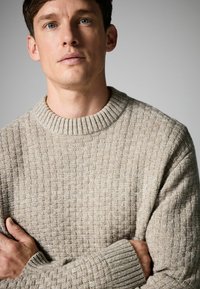 Beige knitted sweater with a textured pattern, ribbed crew neck, and long sleeves. Fabric appears soft with a cozy appearance.