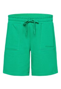 Pantaloni corti verdi in cotone con cintura elastica, cordoncino, due tasche laterali e stampa del logo sul davanti. Texture liscia.