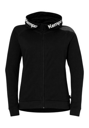 Zwarte zip-up hoodie met gebrandmerkte "Kempa" tekst op de capuchon en mesh-detail op de rechterschouder, ontworpen voor sportief of casual gebruik.