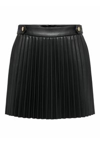 Must mustrüülinahast mini seelik kõrge vöökoht, millel on kuldtooni nupud ja sile tekstuur, rõhutatud vertikaalsete voldidega.