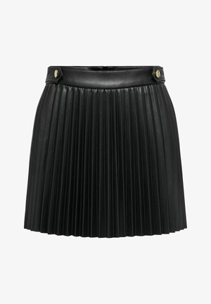 Sort læder mini-nederdel med høj talje, der har guldtonede knapper og en glat tekstur, fremhævet af lodrette folder.