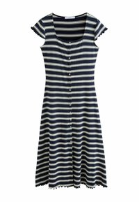 Tengerészkék és fehér csíkos ruha rövid ujjakkal, négyzet alakú nyakkivágással, elülső gombokkal és hullámos szegéllyel. Puha, bordázott anyagból készült.