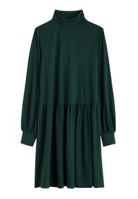 Ciemnozielona sukienka z długim rękawem, wysokim dekoltem, marszczoną talią i zwiewnym dołem. Wykonana z gładkiego, elastycznego materiału.