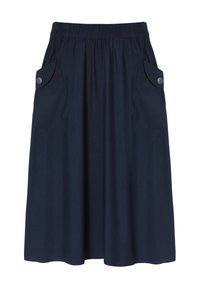 Dunkelblaue knielange Rock aus weichem Stoff, mit elastischem Bund, zwei seitlichen Taschen mit Knopfverschluss und ausgestelltem Design.