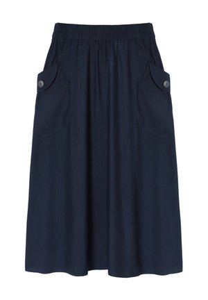 Gonna blu scuro a lunghezza ginocchio, realizzata in tessuto morbido, con una cintura elastica, due tasche laterali con chiusura a bottone e un design svasato.