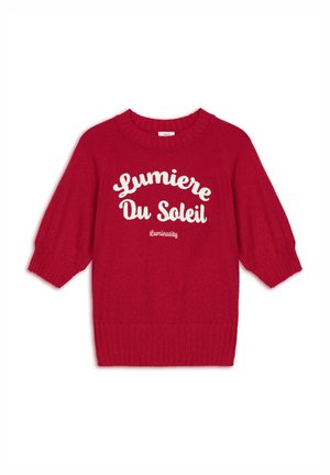 Red sweater with short, puffed sleeves and ribbed hem. Features white text reading "Lumiere Du Soleil" and "Luminosity" across the front.