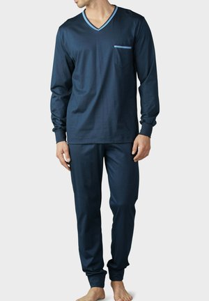 Navy blue long-sleeve pajama set with V-neck, chest pocket, and cuffed sleeves; soft material with a smooth texture.