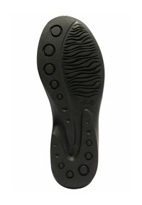 Suela de zapato de goma negra con un patrón de olas texturizado y hendiduras circulares. Diseñada para ofrecer agarre y comodidad. Tamaño marcado como 36.