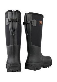 Black rubber boots with neoprene upper, featuring adjustable straps, textured soles for grip, and a reinforced toe.