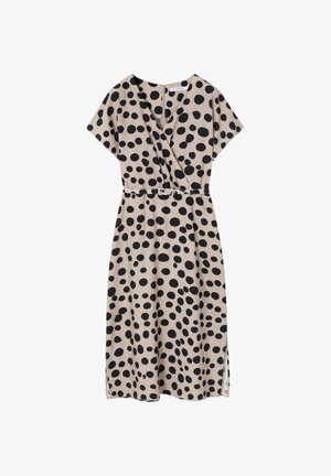 Béžové zavinovacie šaty s krátkymi rukávmi, čiernymi nepravidelnými bodkami, tenkým zodpovedajúcim opaskom a výstrihom do V.