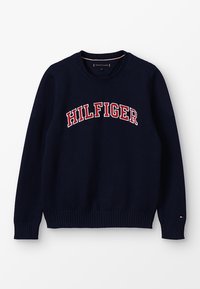 Maglione lavorato a maglia blu navy con collo rotondo e polsini a coste. Logo "HILFIGER" rosso e bianco ben visibile sul petto.
