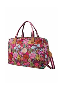Sac de sport à motifs floraux dans une palette de couleurs rose et marron, fabriqué en tissu avec des accents en cuir marron et des poignées rayées.