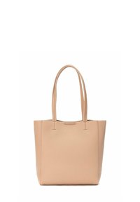 Bolso tote de cuero beige con dos asas largas, forma rectangular, superficie texturizada y diseño minimalista. Sin hardware ni acentos visibles.