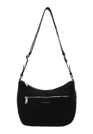 Sac à épaule noir avec sangle réglable, poche avant zippée et fermeture principale zippée, étiqueté Mandarina Duck.