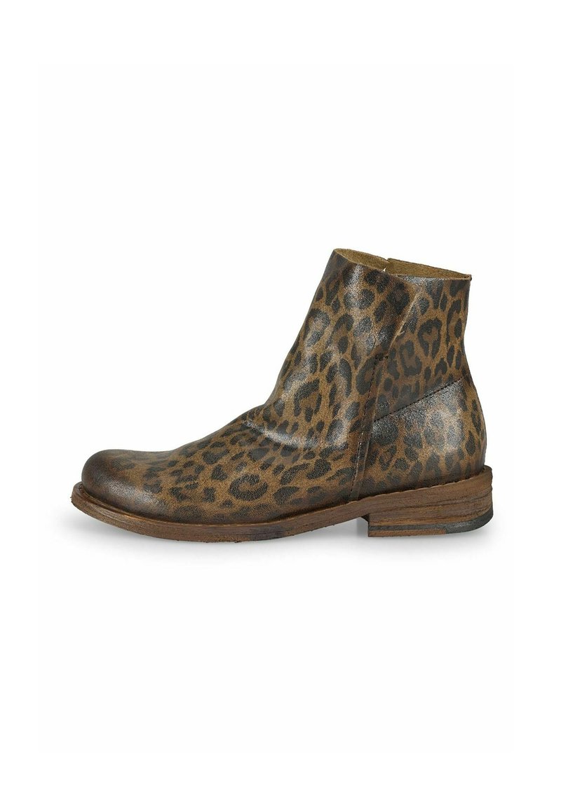 Stivaletto a fantasia leopardata con tomaia in pelle marrone, punta rotonda, tacco basso a trottola e texture sottile. Caratteristiche di design: altezza alla caviglia.