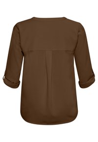 Brun, letvægts, langærmet skjorte med opsmøgede manchetter, med folder på ryggen og rundet kant. Glat tekstur, enkelt design.