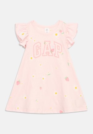 Light pink toddler dress with ruffled sleeves, "GAP" logo in pink outline, and scattered strawberry and daisy floral prints.