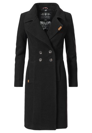 Manteau trench noir en laine avec des boutons double boutonnage, un col cranté, deux poches avant et une doublure à motif. Présente un accent de marque.