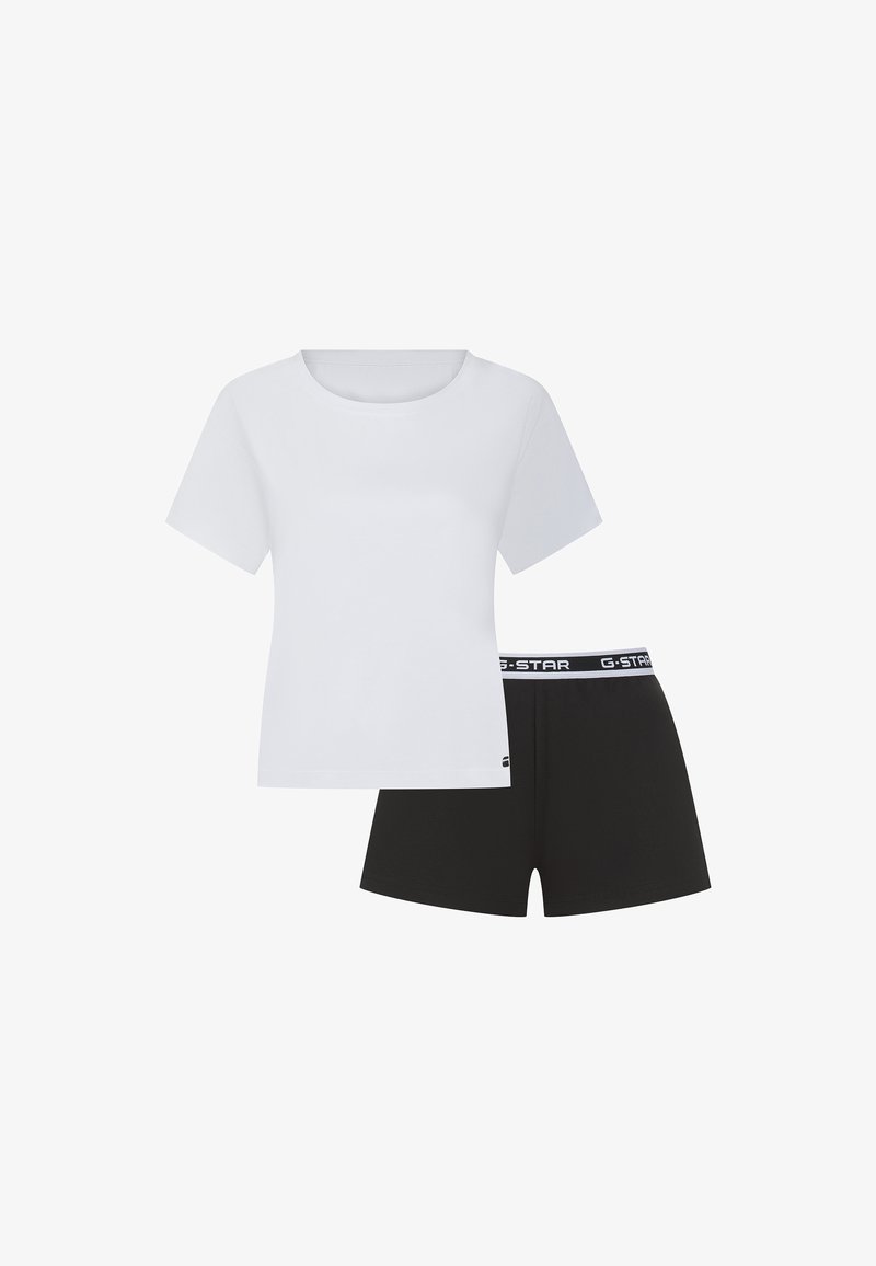 Λευκό T-shirt με κοντά μανίκια και στρογγυλή λαιμόκοψη, συνδυασμένο με μαύρα ελαστικά σορτσάκια με λευκή ζώνη μέσης με επώνυμο λογότυπο G-STAR.
