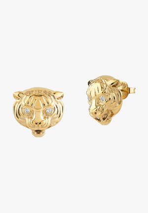 Kuldsetes tooni kõrvarõngad, millel on üksikasjalik tiigri pea disain säravate silmadega ja graveeritud "GUESS" logo, pakkudes tekstureeritud viimistlust.