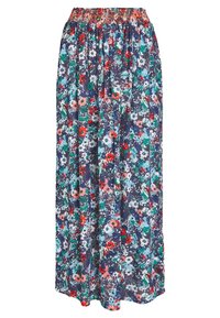 Jupe maxi avec imprimé floral multicolore en rouge, blanc, bleu et vert, présentant une taille smockée élastique dans les tons orange et bleu.
