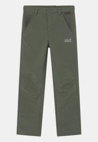 Vihreät joustavat housut, joissa on sileä pinta, vetoketjulliset taskut ja logotieto. Suunniteltu ulkoiluun ja istuvaan muotoiluun.