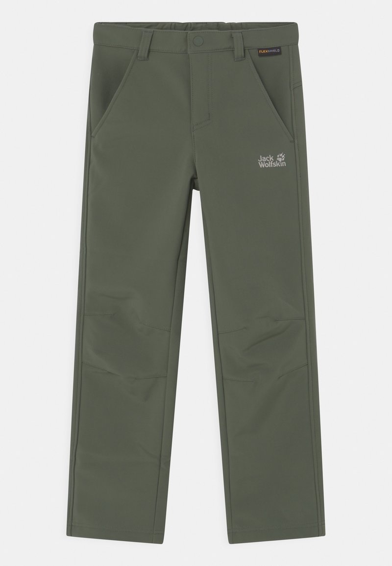 Vihreät joustavat housut, joissa on sileä pinta, vetoketjulliset taskut ja logotieto. Suunniteltu ulkoiluun ja istuvaan muotoiluun.