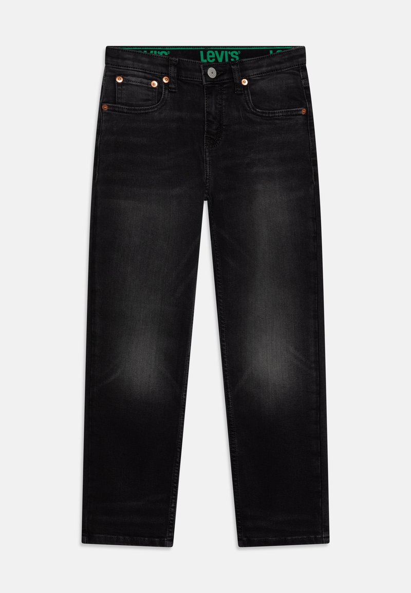 Jeans en denim noir avec une coupe droite, présentant des ferrures en cuivre et une taille Levi's verte. Texture lisse avec une légère décoloration.