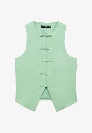 Miętowozielony bezrękawnik z wysokim kołnierzem, wyposażony w pięć zapięć na przodzie i kątem bocznych szwów, co zapewnia dopasowany wygląd. Gładki, tkany materiał.