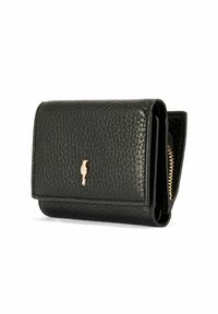 Czarny skórzany portfel o fakturowanym wykończeniu, z akcentem w kolorze złotym, kompaktowy prostokątny kształt oraz z zamykaną na zamek kieszenią z boku.