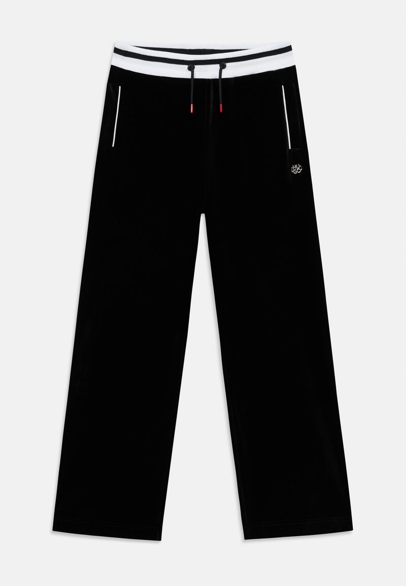 Black sweatpants with a wide leg design, made from soft fabric. Features a white striped elastic waistband, drawstring, and side pockets.
