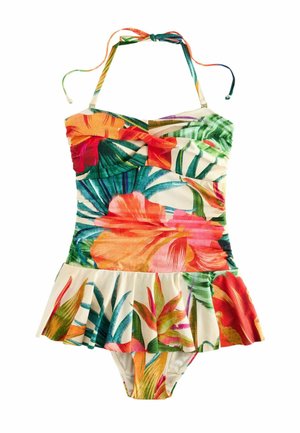Egyrészes, pántos fürdőruha trópusi virágmintával, redőzött mellrésszel és bővülő szoknyás alsó résszel, élénk zöld, narancs, rózsaszín és krémszín kombinációban.