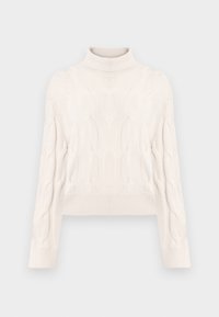 Pulover s kabelskim pletenjem, skraćen u stilu turtleneck, u boji off-white. Ima duge, lagano napuhnute rukave te rebraste manžete i rub. Mekan tekstura.