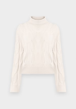 Nupintas, sutrumpintas megztinis su aukšta apykakle off-white spalvos. Ilgos, šiek tiek pūkuotos rankovės ir nertinės rankogaliai bei apatinė dalis. Minkšta tekstūra.