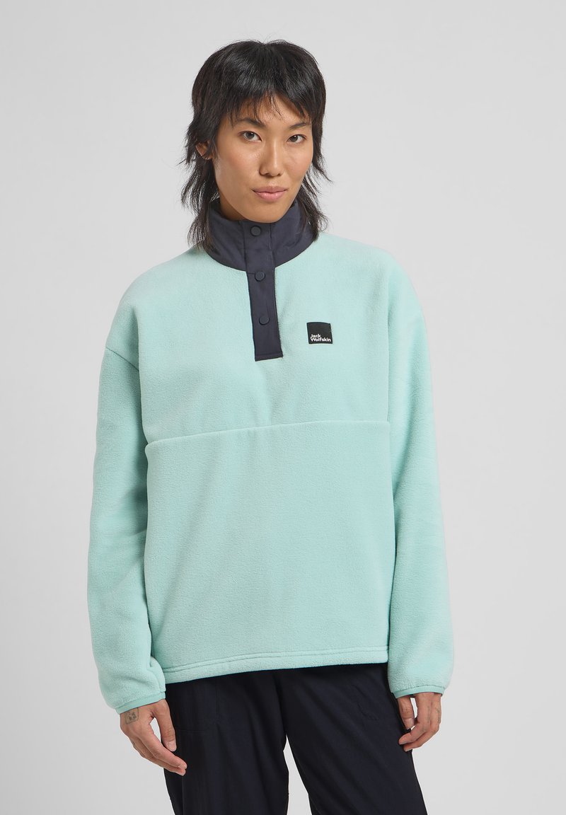 Light blue fleece sweatshirt with a dark blue snap collar, featuring a logo patch and a relaxed fit. Soft texture, long sleeves, and seamless hem.