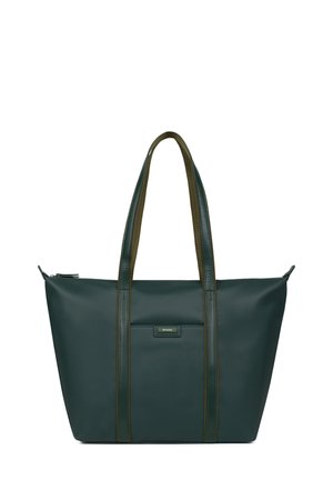 Grüne synthetische Tragetasche mit strukturierter Oberfläche, doppelten Griffen, Reißverschluss und Fronttasche. Robuste Konstruktion für den täglichen Gebrauch.